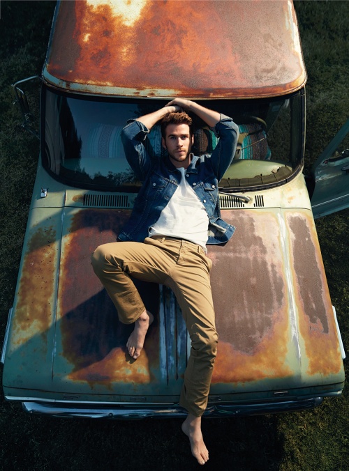 Liam wears jacket by Citizens of Humanity, t-shirt by Nudie Jeans and trousers by Hugo Boss